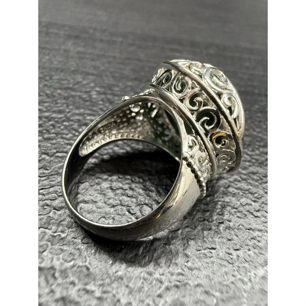 925 Sterling Silver Detailed Malachite Ring Size 7 Hallmarked